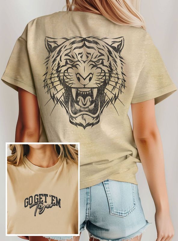 ROARING TIGER FRONT&amp;BACK PUFF GRAPHIC T SHIRTS: Tan