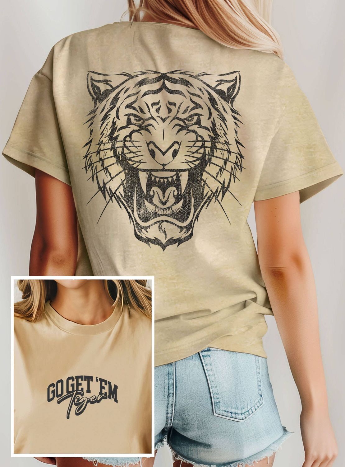 ROARING TIGER FRONT&amp;BACK PUFF GRAPHIC T SHIRTS: Tan, Size: Small