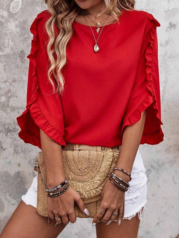 Women’s Solid Ruffle Sleeve Loose Fit Summer Blouse: Red