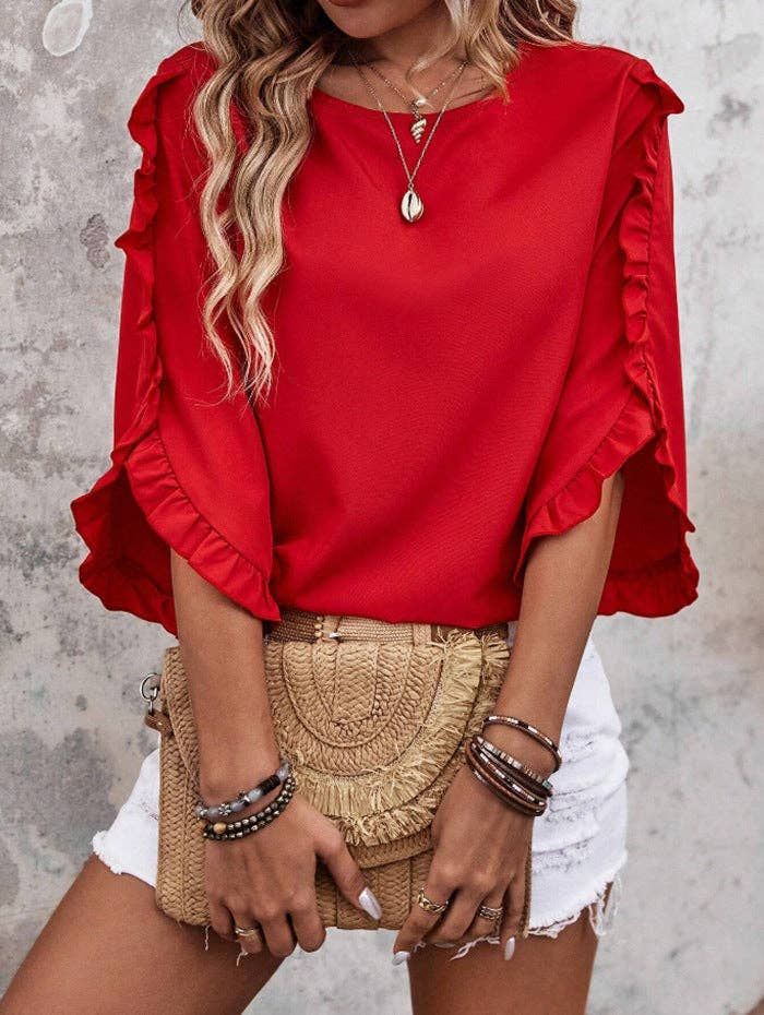 Women’s Solid Ruffle Sleeve Loose Fit Summer Blouse: Red, Size: S