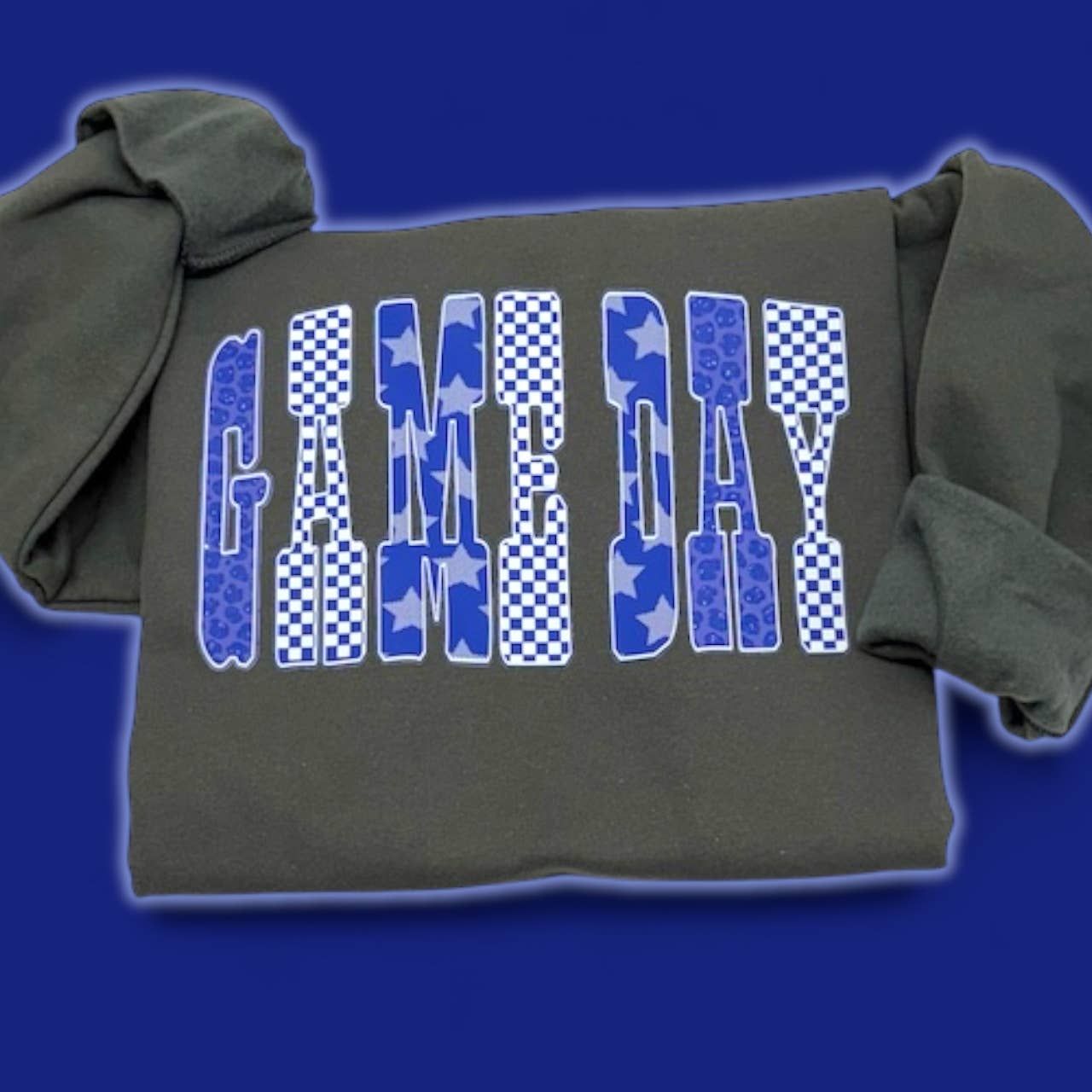 Blue Game Day Checkered Stars Charcoal Sweatshirt, Size: Small