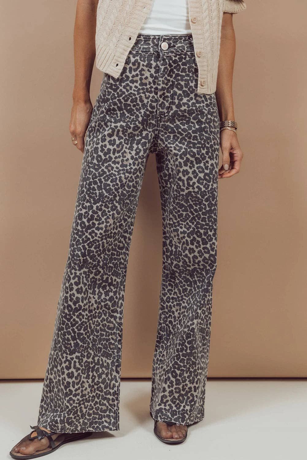 Black Leopard Print Wide Leg High Waist Jeans: Black, Size: 6