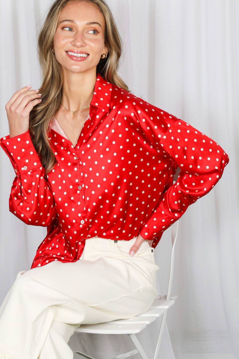 Polka Dot Collared Long-Sleeve Satin Blouse Top Red, Size: Small
