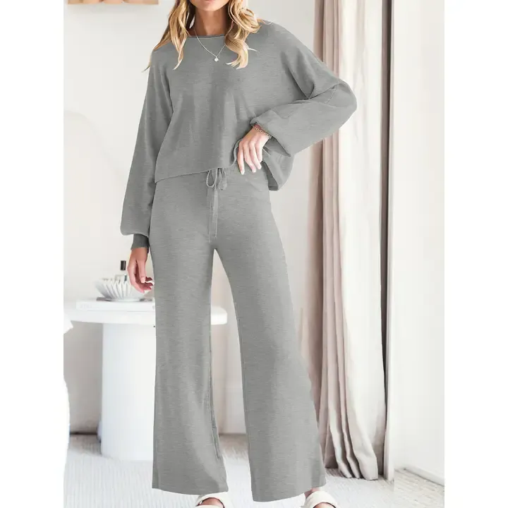 Round Neck Top with Drawstring and Elastic Pants Set Gray, Size: S