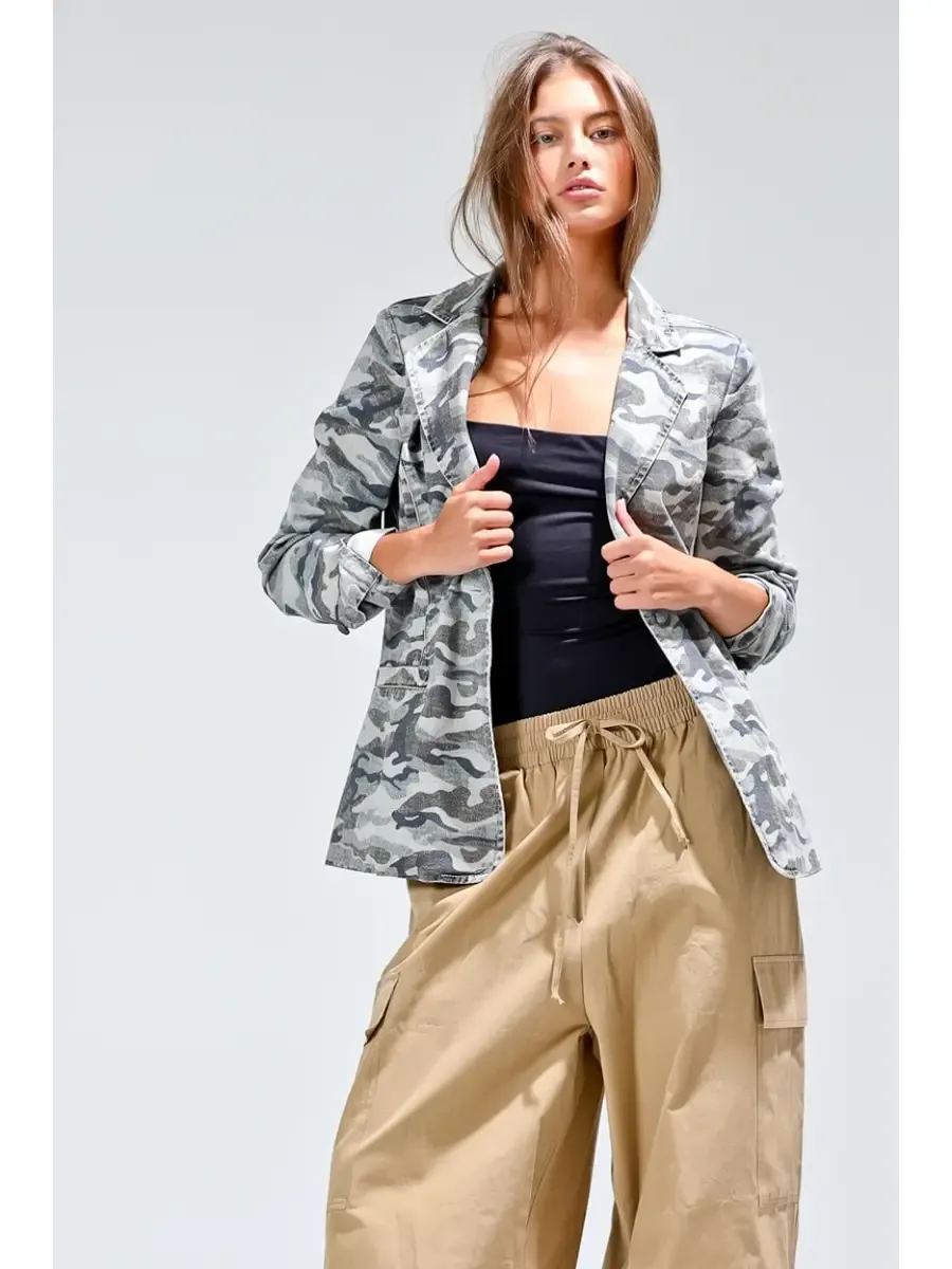 Camo Print Single-Button Casual Blazer, Size: Small