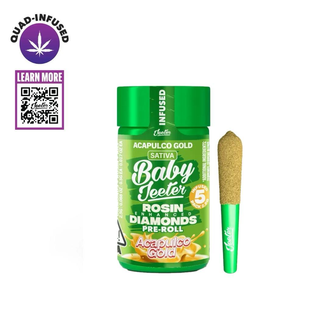Baby Jeeter: 5pk INFUSED Pre-Rolls • Rosin Enhanced Diamonds - Acapulco Gold SATIVA