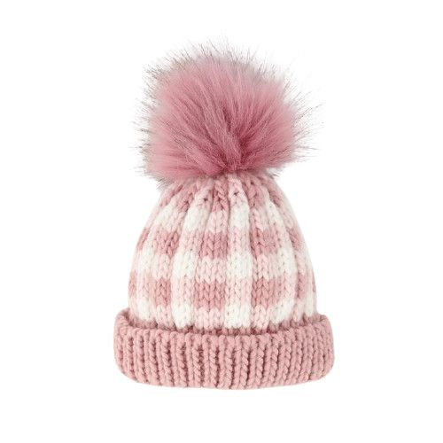 Rosy Pink Buffalo Check Pom Beanie