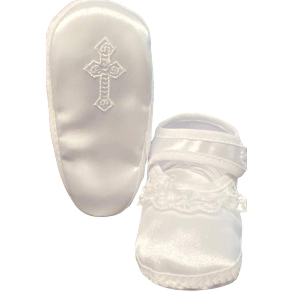 Girls Satin Bootie with Lace &amp; Embroidered Cross