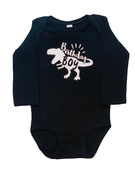 Birthday Boy Dinosaur Black Long Sleeve , Size: 12m Onesie