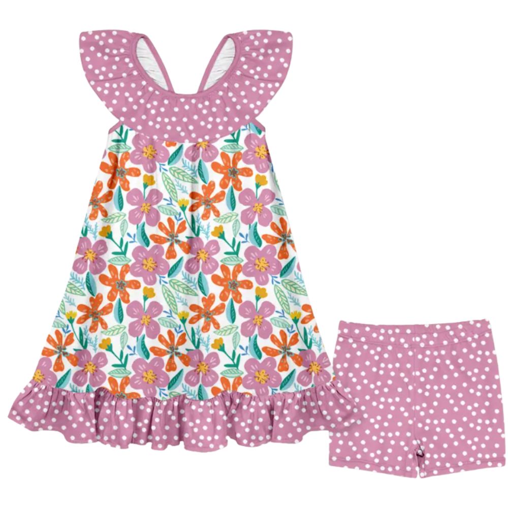 Violet Flower Ruffle-Hem Yoke Dress &amp; Shorts