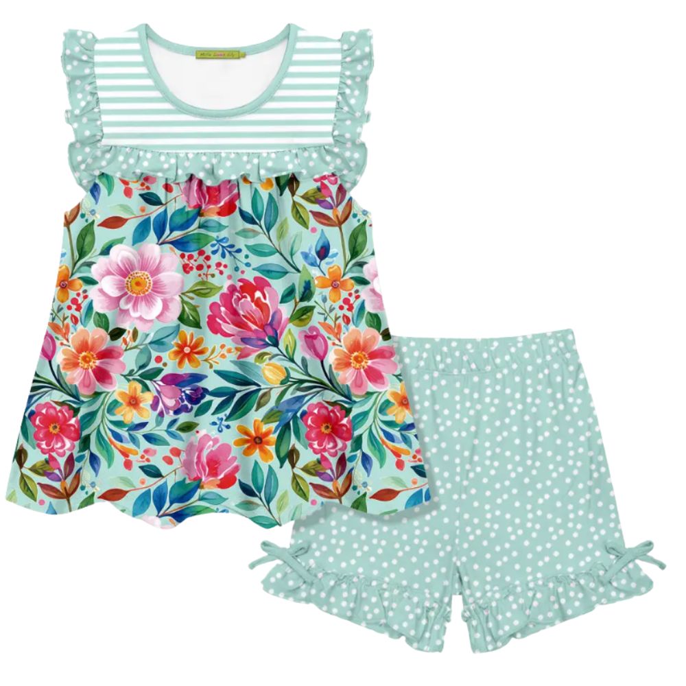 Mint Floral Ruffle Sleeveless Top &amp; Dot Bow Shorts