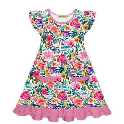 Violet Floral Patch-Pocket Angel-Sleeve Dress