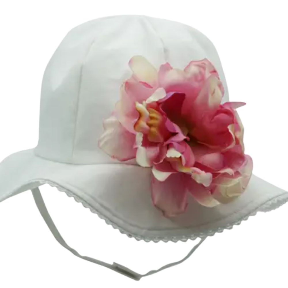 White Stella Sun Hat with Pink Peony