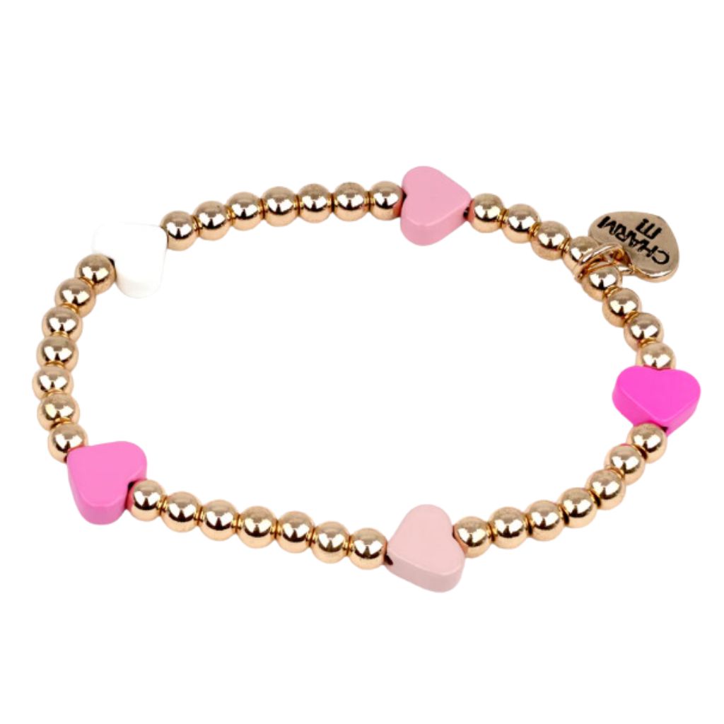 Gold Pink Heart Stretch Bead Bracelet