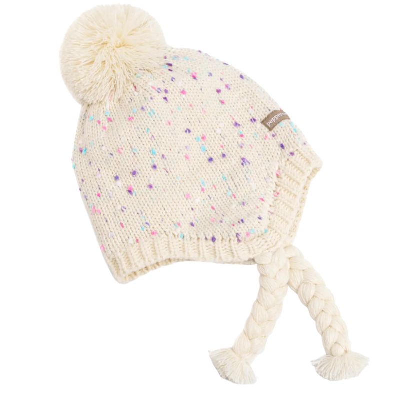 Off White Girls Specked Earflap Winter Hat with Tassels
