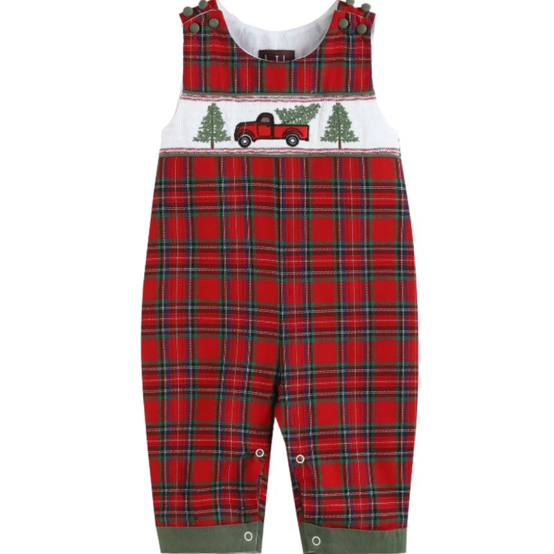 Red Plaid Truck &amp; Tree Smocked Overalls