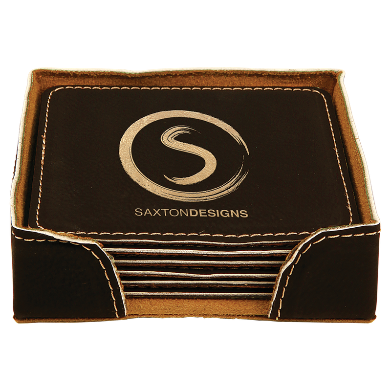 4" x 4" Black/Gold Square Laserable Leatherette 6-Coaster Set