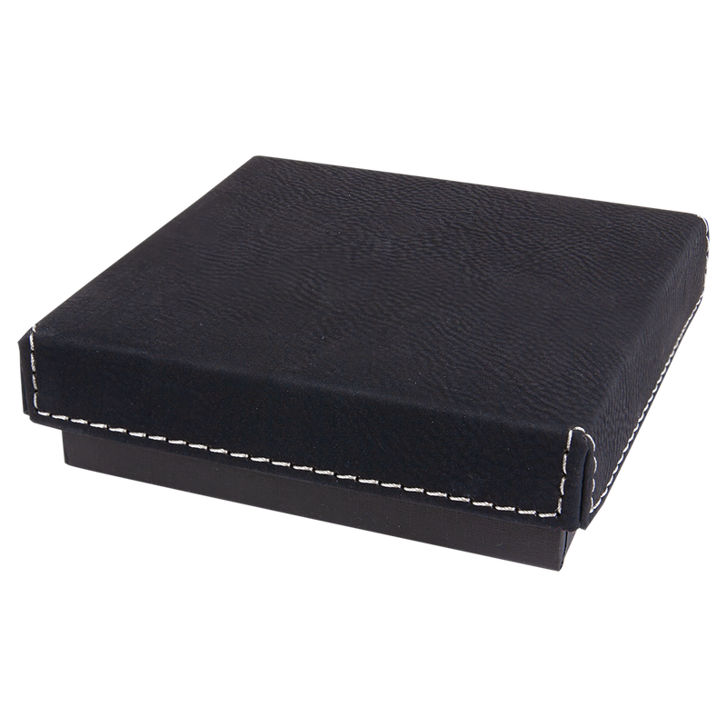 4" x 4" Black/Silver Medal Box with Laserable Leatherette Lid