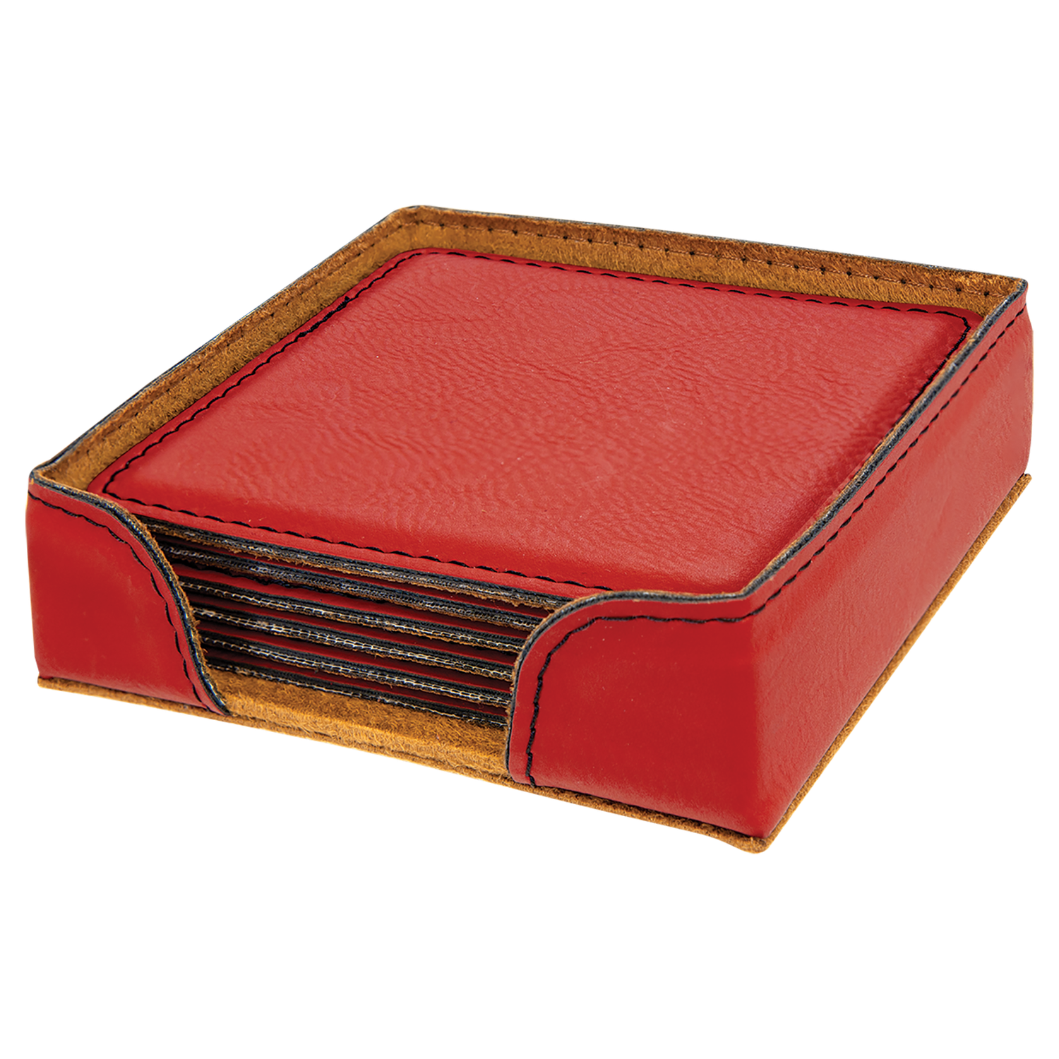 4" x 4" Red Square Laserable Leatherette 6-Coaster Set with Holder