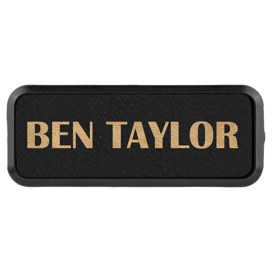 3" x 1" Laserable Leatherette Round Corner Badge &amp; Frame, Color: Black/Gold