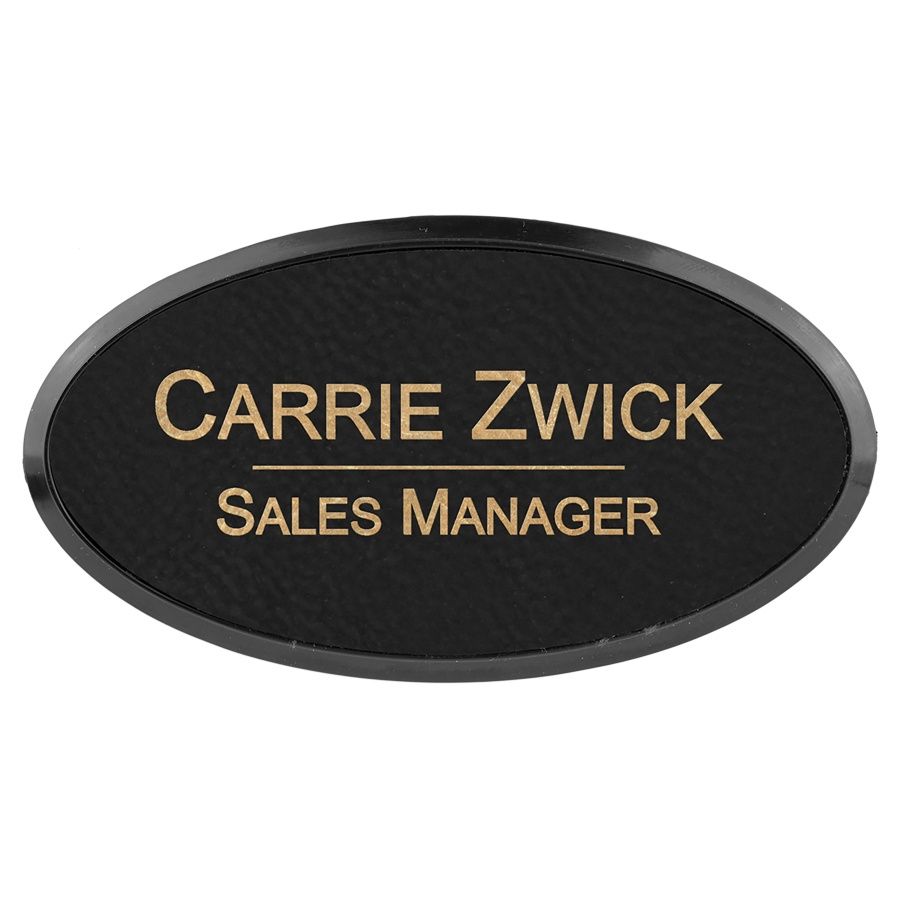 3" x 1 1/2" Laserable Leatherette Oval Badge &amp; Frame, Color: Black/Gold