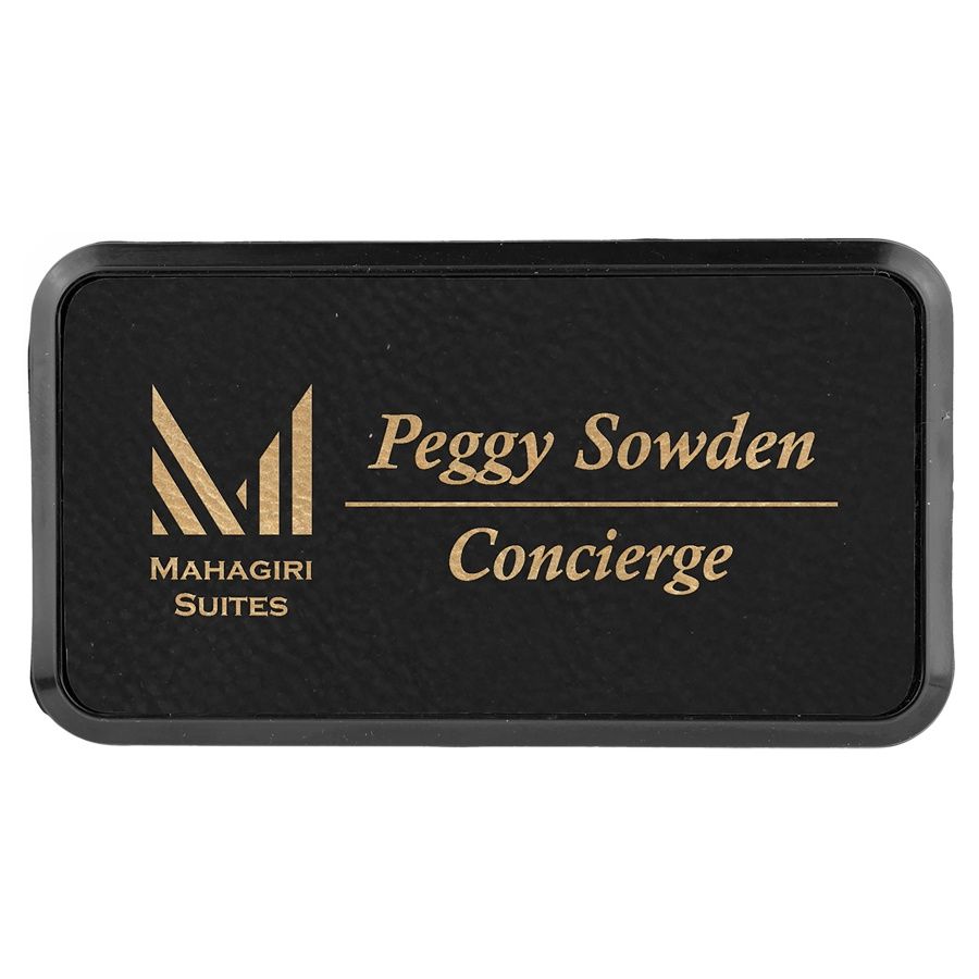 3" x 1 1/2" Laserable Leatherette Round Corner Badge &amp; Frame, Color: Black/Gold