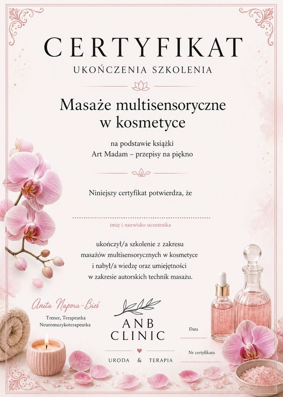 Szkolenie certyfikujące  „Masaże multisensoryczne w kosmetyce” na podstawie autorskiej książki „Art Madam – przepisy na piękno – terapie multisensoryczne”, Anita Napora-Bieś