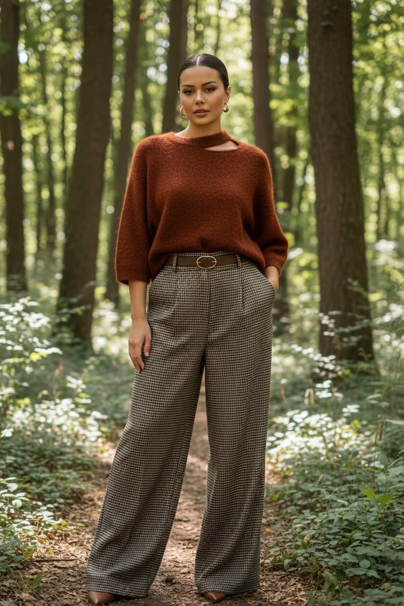 Broek kleine ruit bruin met riem