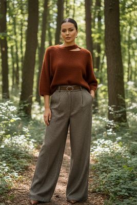 Broek kleine ruit bruin met riem