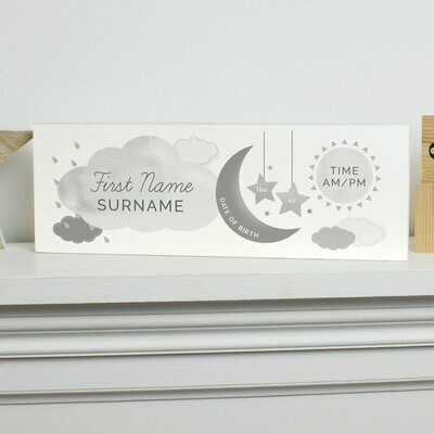 ​Personalised New Baby Moon &amp; Stars Wooden Block Nursery Sign