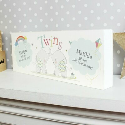​Personalised Hessian Elephant Twins Wooden Block Sign