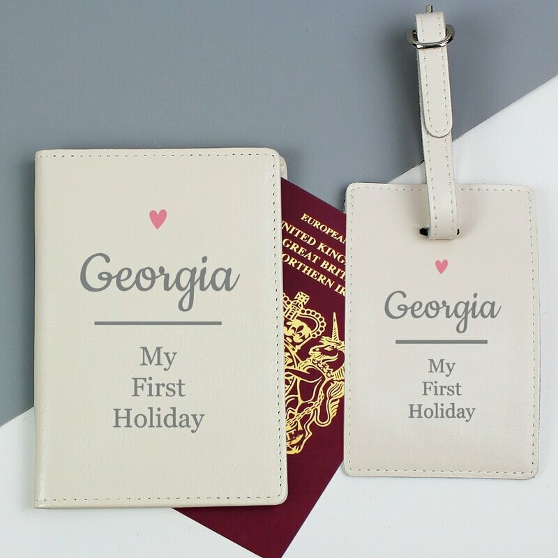 Personalised Pink Heart Cream Passport Holder &amp; Luggage Tag Set