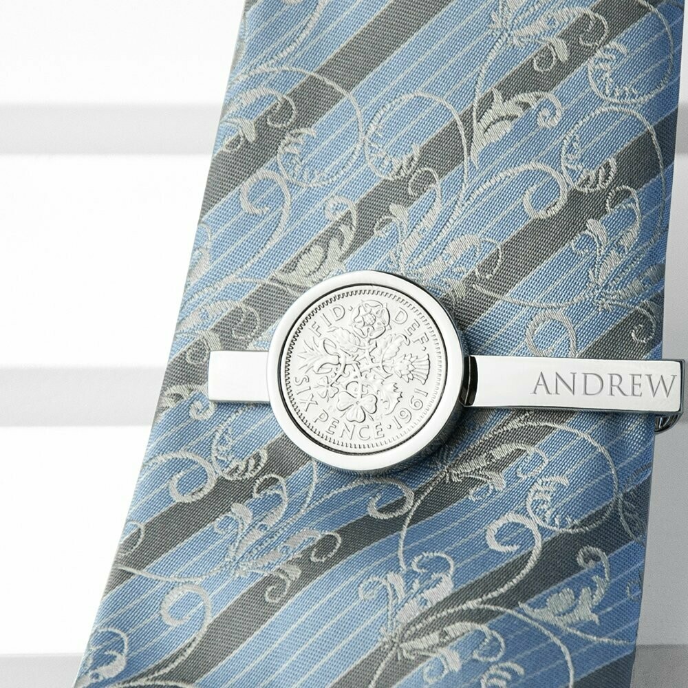PERSONALISED SILVER PLATED LUCKY SIXPENCE TIE CLIP