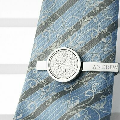 PERSONALISED SILVER PLATED LUCKY SIXPENCE TIE CLIP