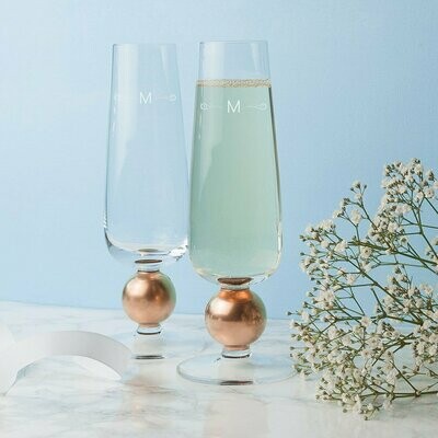 MONOGRAMMED LSA SET OF TWO ROSE GOLD CHAMPAGNE GLASSES