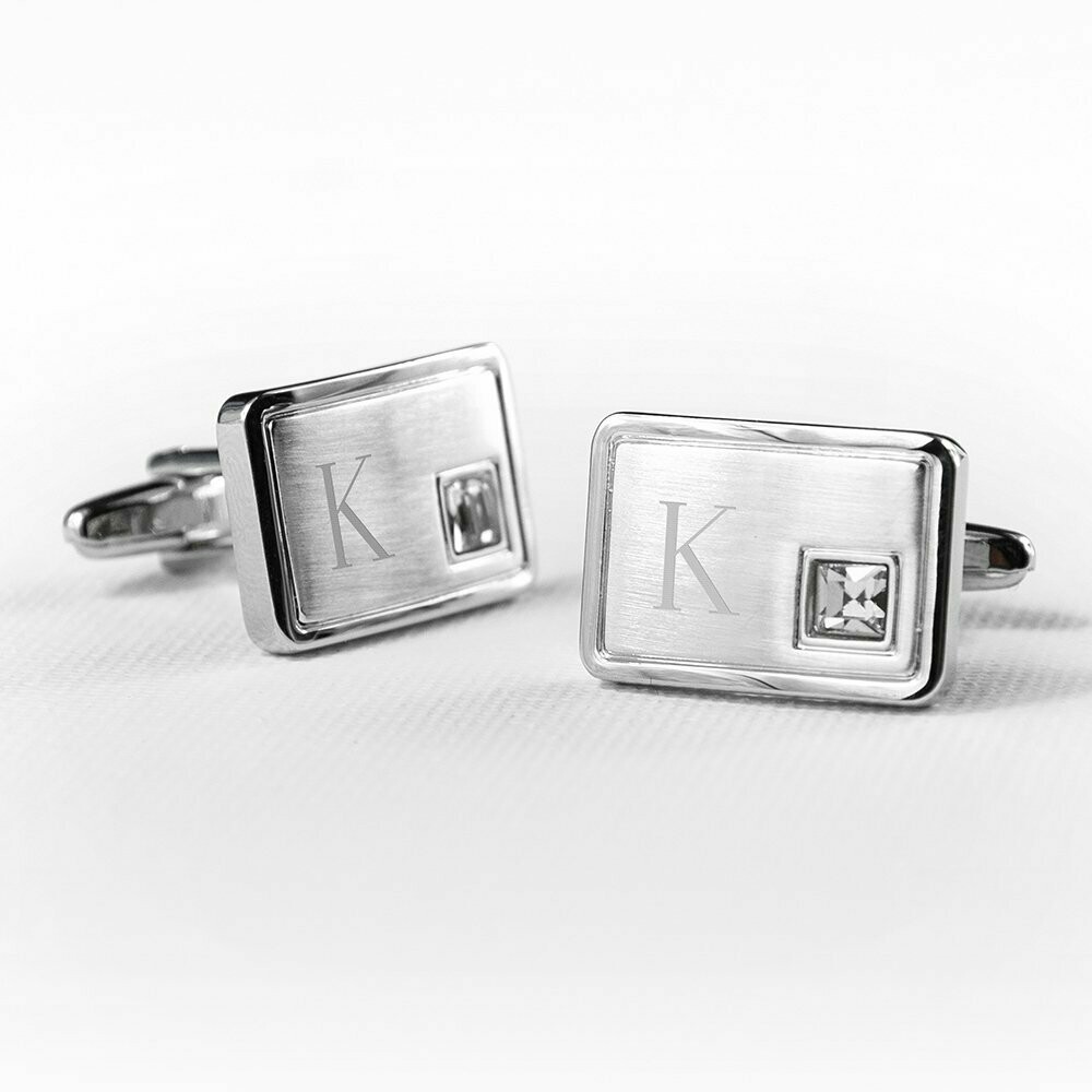 PERSONALISED BRUSHED SILVER CUFFLINKS WITH CRYSTAL
