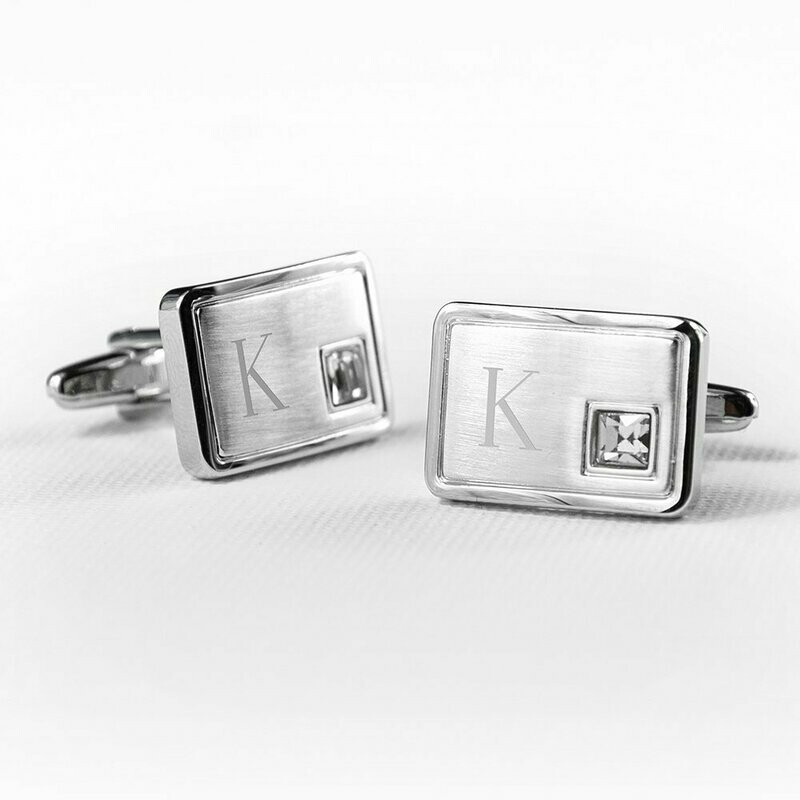 PERSONALISED BRUSHED SILVER CUFFLINKS WITH CRYSTAL