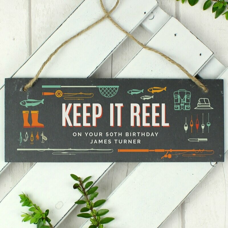 Personalised &quot;Keep It Reel&quot; Printed Hanging Slate Plaque