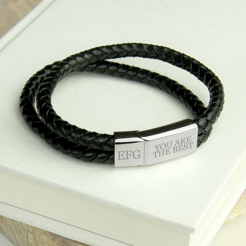 PERSONALISED MEN&#39;S DUAL LEATHER WOVEN BRACELET IN BLACK