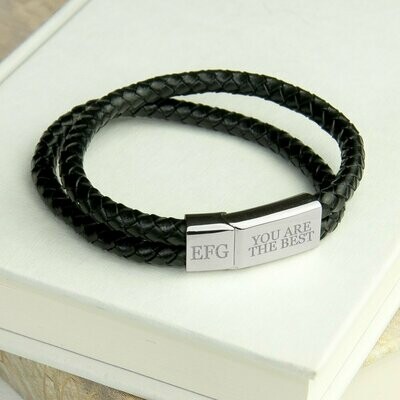 PERSONALISED MEN&#39;S DUAL LEATHER WOVEN BRACELET IN BLACK