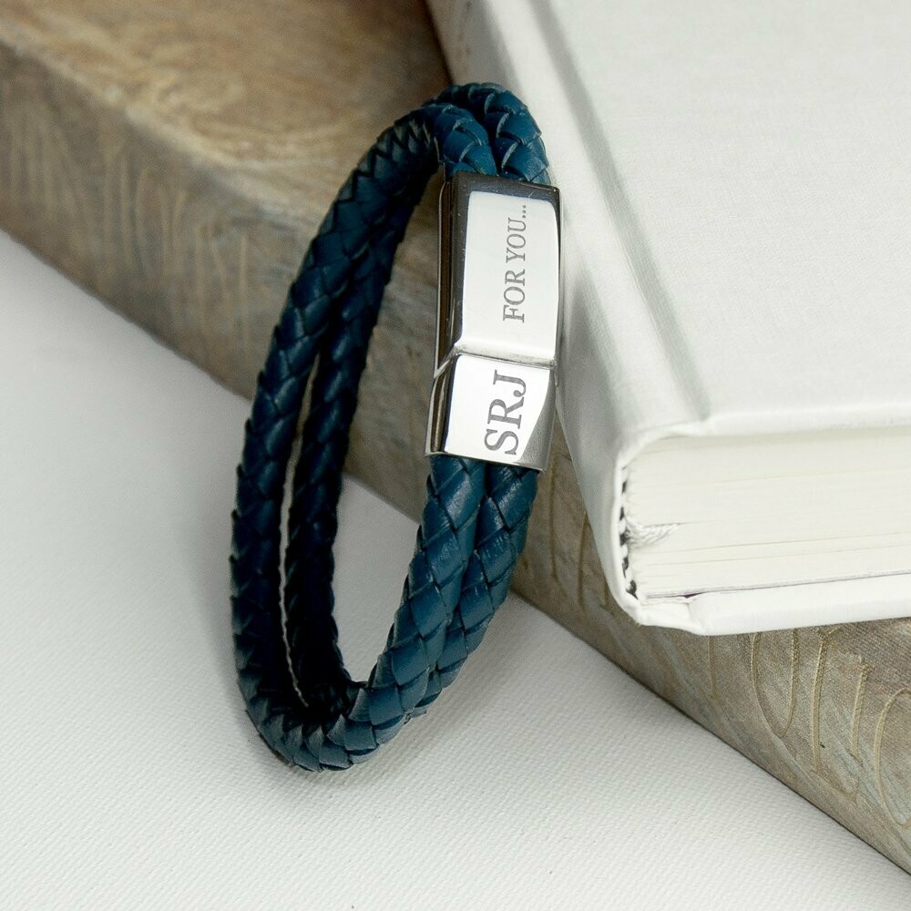 PERSONALISED MEN&#39;S DUAL LEATHER WOVEN BRACELET IN TEAL