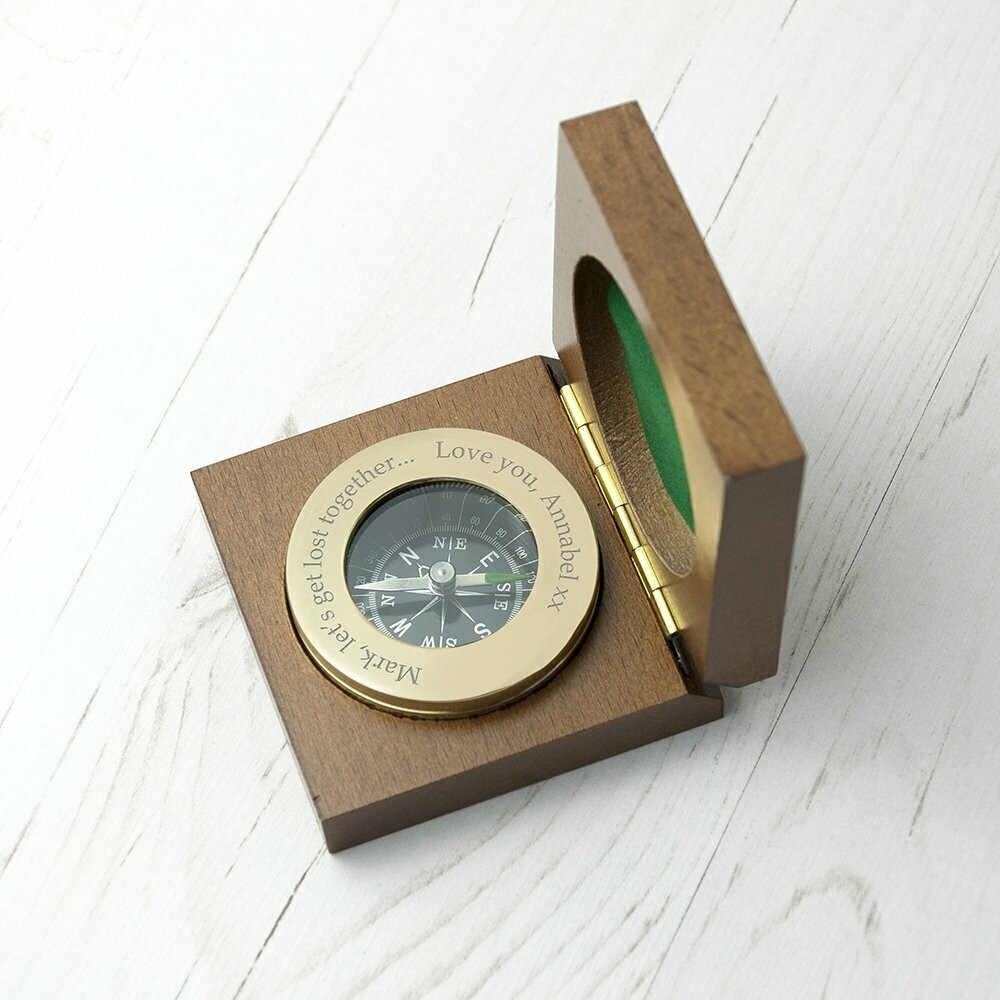 PERSONALISED BRASS TRAVELLERS COMPASS WITH WOODEN BOX