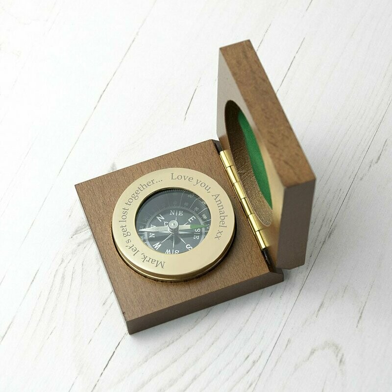 PERSONALISED BRASS TRAVELLERS COMPASS WITH WOODEN BOX