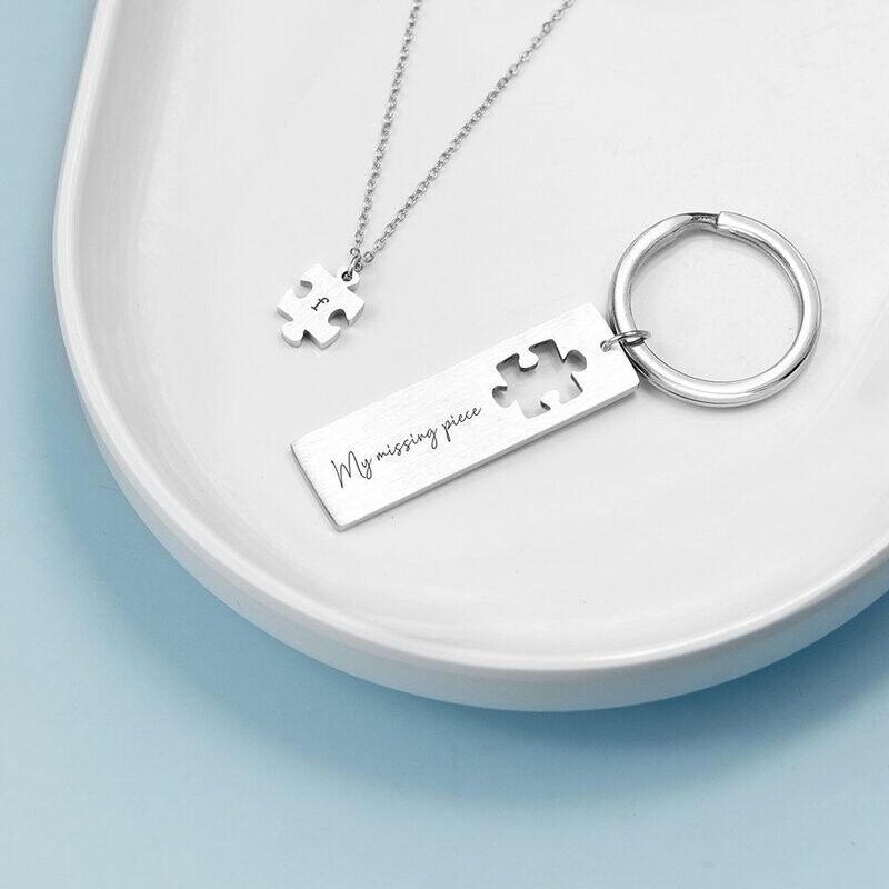 PERSONALISED PERFECT FIT PUZZLE PIECE NECKLACE &amp; KEYRING SET