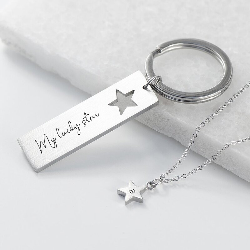PERSONALISED LUCKY STAR NECKLACE &amp; KEYRING SET