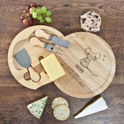 PERSONALISED &#39;I LOVE YOU LIKE A MOUSE LOVES CHEESE&#39; ROUND CHEESE BOARD