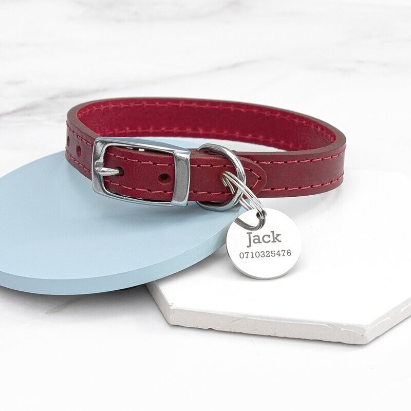 PERSONALISED CLASSIC RED LEATHER DOG COLLAR WITH TAG