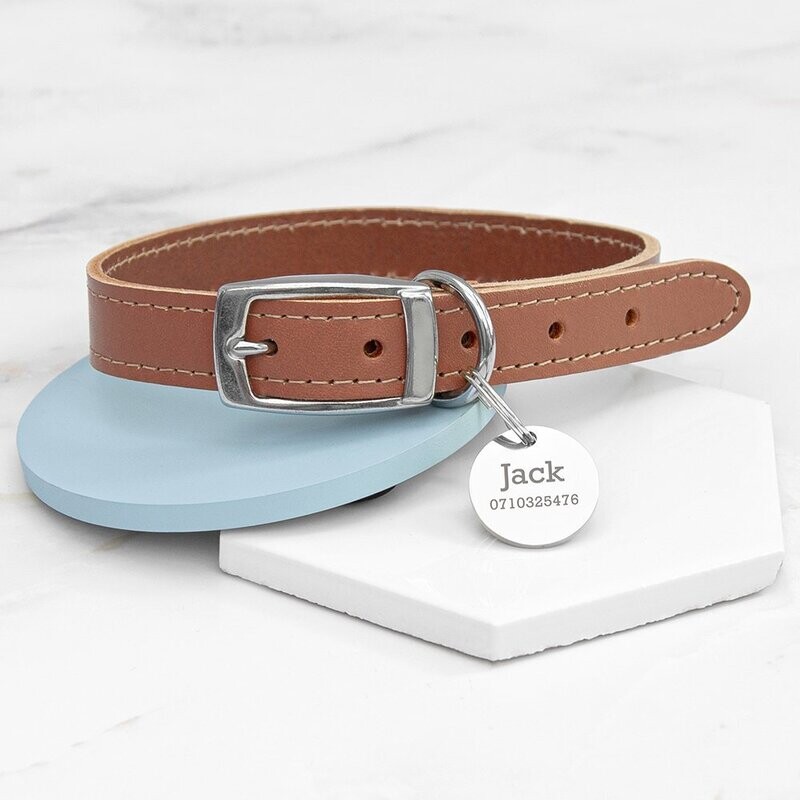 PERSONALISED CLASSIC BROWN LEATHER DOG COLLAR WITH TAG