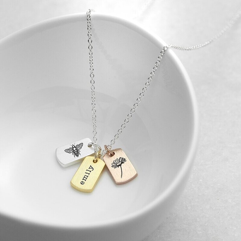 PERSONALISED BEE AND FLOWER MINI TAG NECKLACE