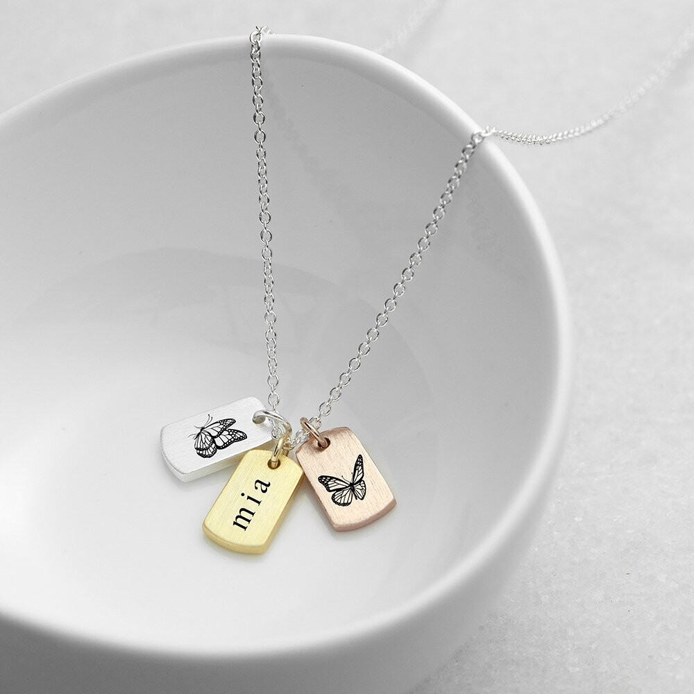PERSONALISED NAME AND BUTTERFLY MINI TAG NECKLACE